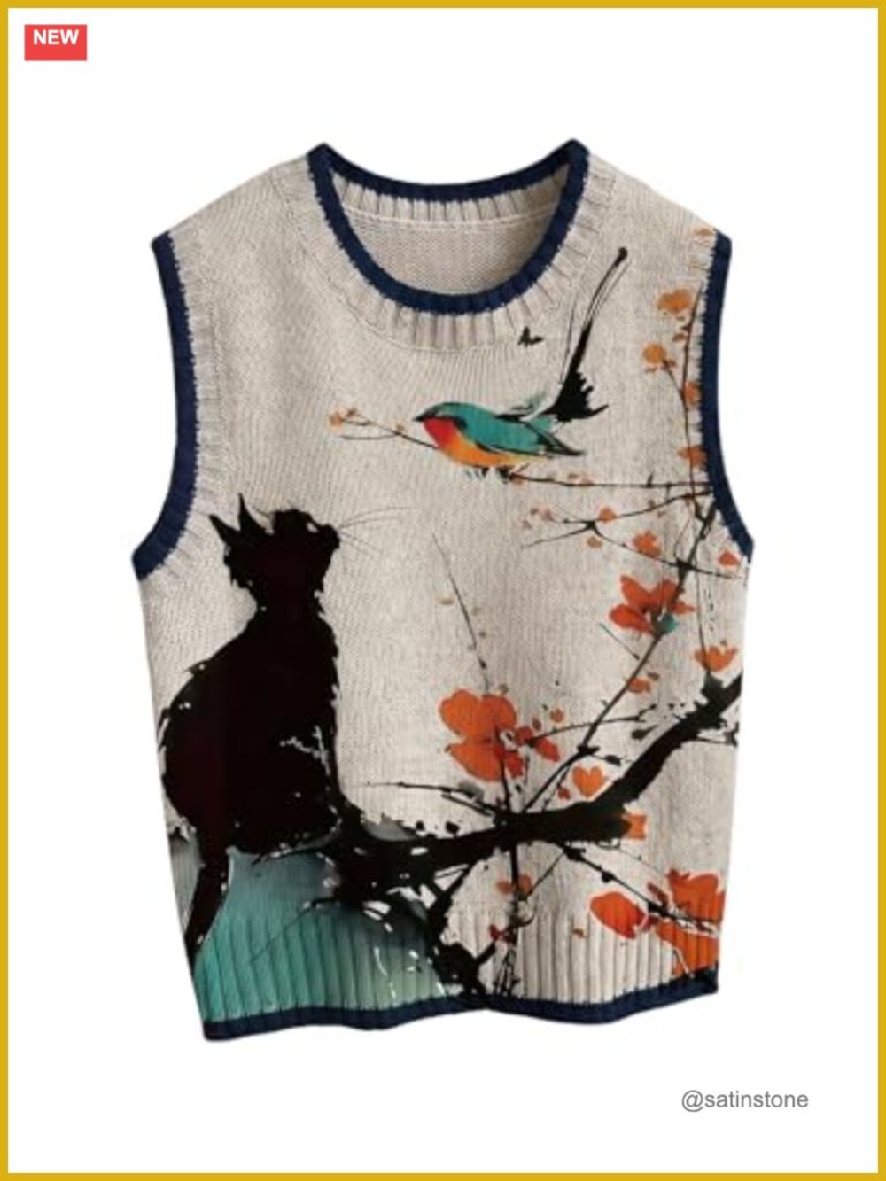 Women's Sleeveless Cat Print Knit Sweater Vest Crew Neck Pullover